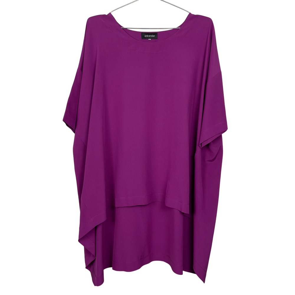 Eskandar Womens Bateau Neck Tunic Long Length Silk Top Purple Lagenlook Luxury‎